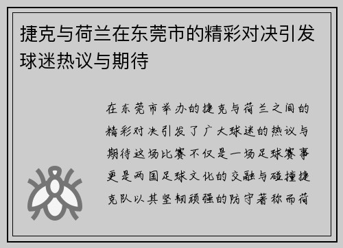 捷克与荷兰在东莞市的精彩对决引发球迷热议与期待